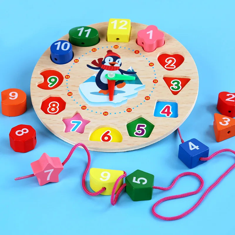 3-in-1 Montessori Wooden Penguin Clock & Lacing Toy | Early Learning Time & Shape Sorter