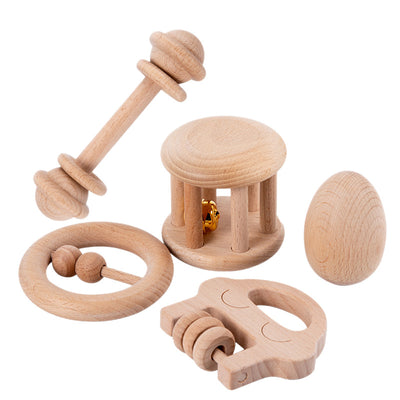 Set de sonajero y juguetes sensoriales Montessori de madera natural | Dentición segura y desarrollo auditivo