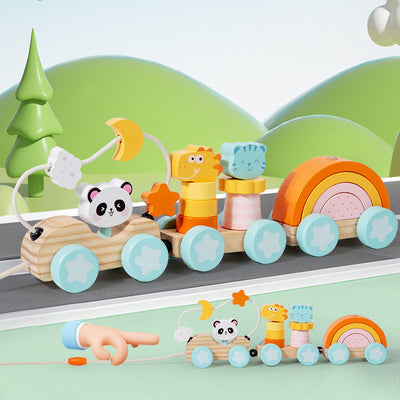 Tren de animales de madera y arcoíris apilable Montessori