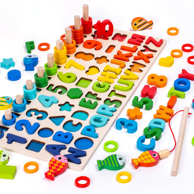Planche d'apprentissage Montessori 5 en 1 en bois | Jeu de pêche magnétique, alphabet, chiffres et chevilles de comptage