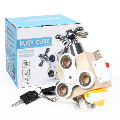 Montessori Holz-Activity-Würfel für Kleinkinder | 6-in-1 Feinmotorik-Fidget-Würfel mit Wasserhahn, Drehrad und Lenkrolle