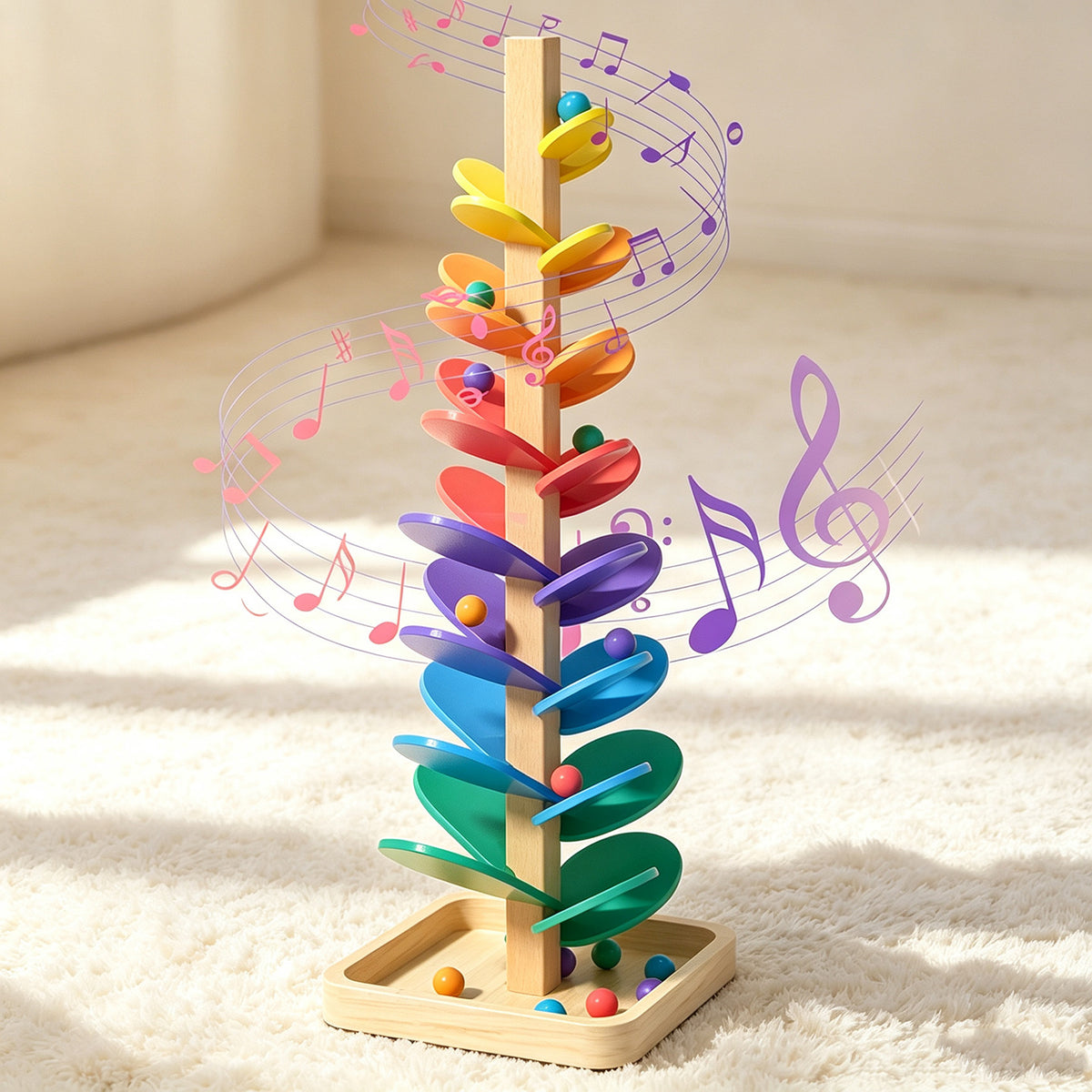 Regenboog muziekboom | 71 cm houten knikkerbaan
