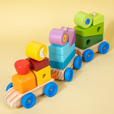 Train à empiler en bois avec blocs de formes géométriques et tiges