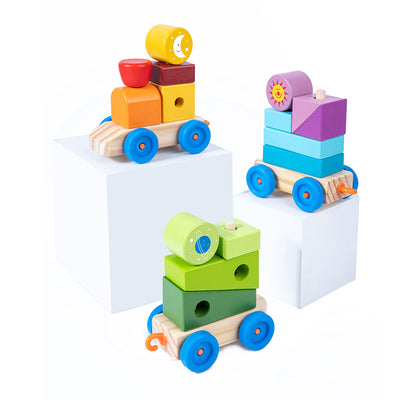 Train à empiler en bois avec blocs de formes géométriques et tiges