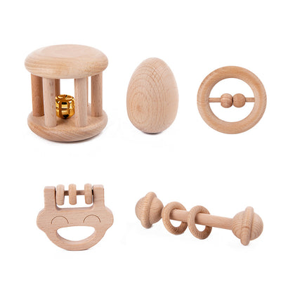 Set de sonajero y juguetes sensoriales Montessori de madera natural | Dentición segura y desarrollo auditivo