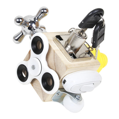 Montessori Holz-Activity-Würfel für Kleinkinder | 6-in-1 Feinmotorik-Fidget-Würfel mit Wasserhahn, Drehrad und Lenkrolle