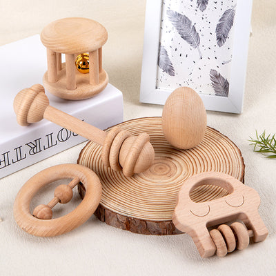 Set de sonajero y juguetes sensoriales Montessori de madera natural | Dentición segura y desarrollo auditivo
