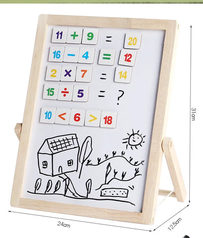 Quadro Montessori 2-em-1 de matemática e desenho magnético em madeira