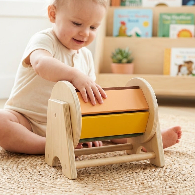 Tamburo arcobaleno girevole in legno Montessori